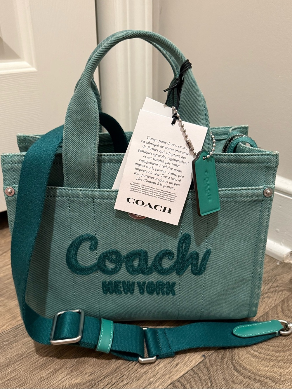 Coach Denim Green Canvas Tote 26 with Crossbody Strap - Picture 4 of 11